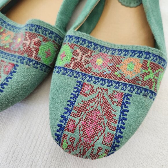 Latigo Begonia Anthropologie Size 8.5M Flats Embroidered Leather Suede Teal Boho - Picture 2 of 9